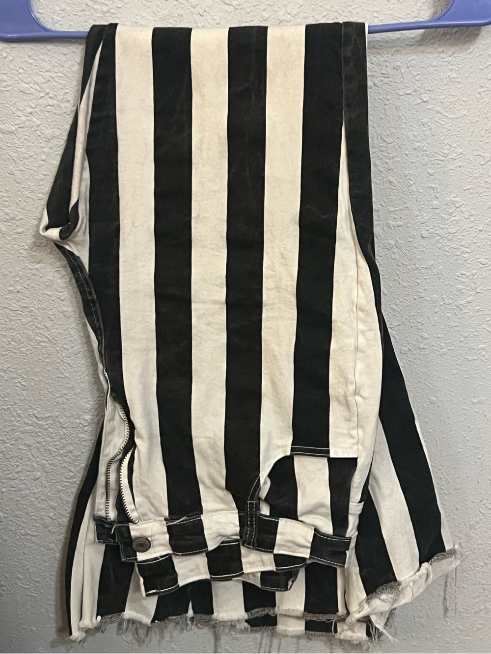 Black & White Vertical Stripe High Rise Distressed Raw Hem Jeans